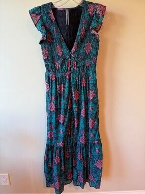 Anthropologie Peregrine Smocked V-Neck Midi Dress in Teal and Magenta Floral